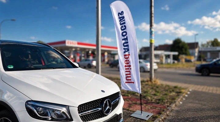 Fahrzeug und junited AUTOGLAS Fahne vor Ort bei M&B